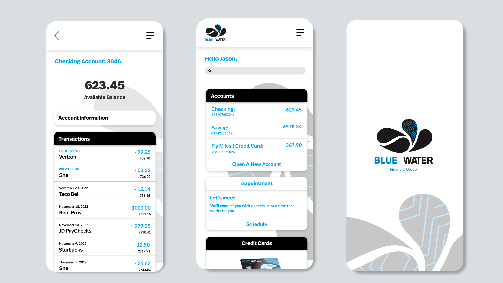 Blue water financial brand mobile screen mock ups