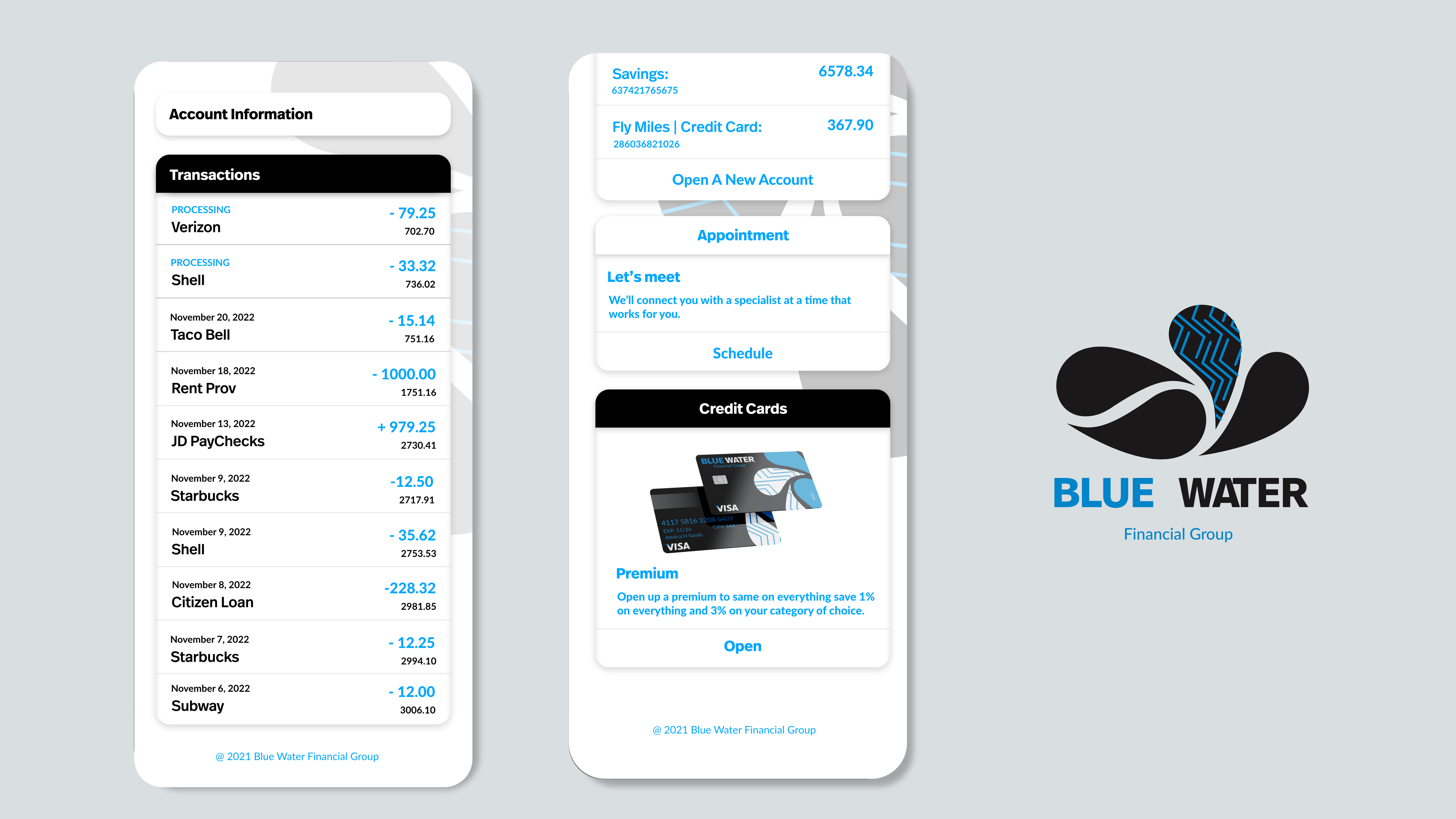 Blue water financial brand mobile screen mock ups