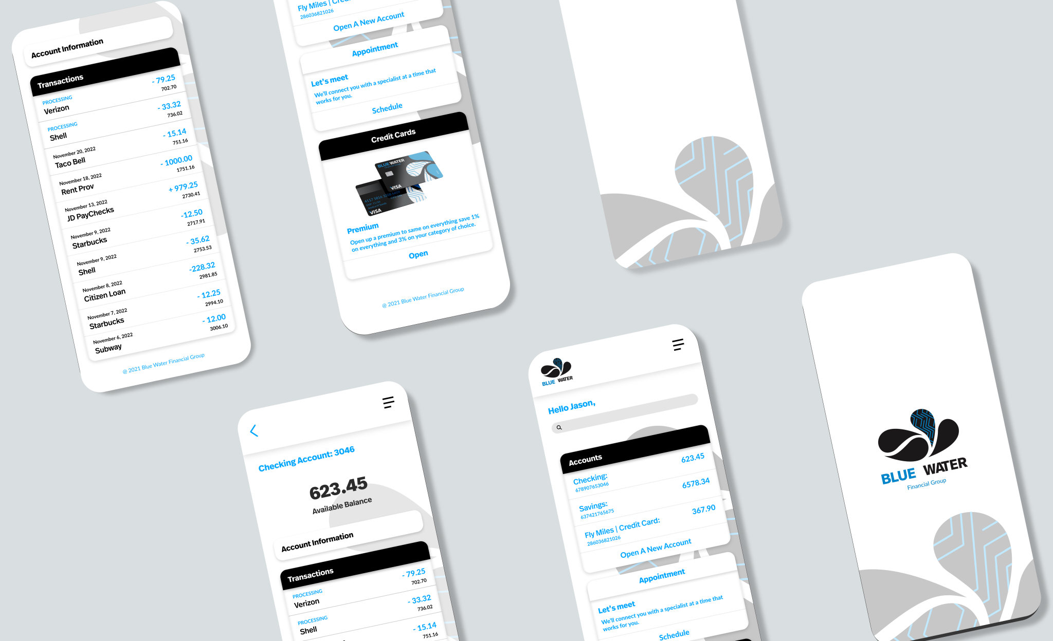 blue water banking app screens