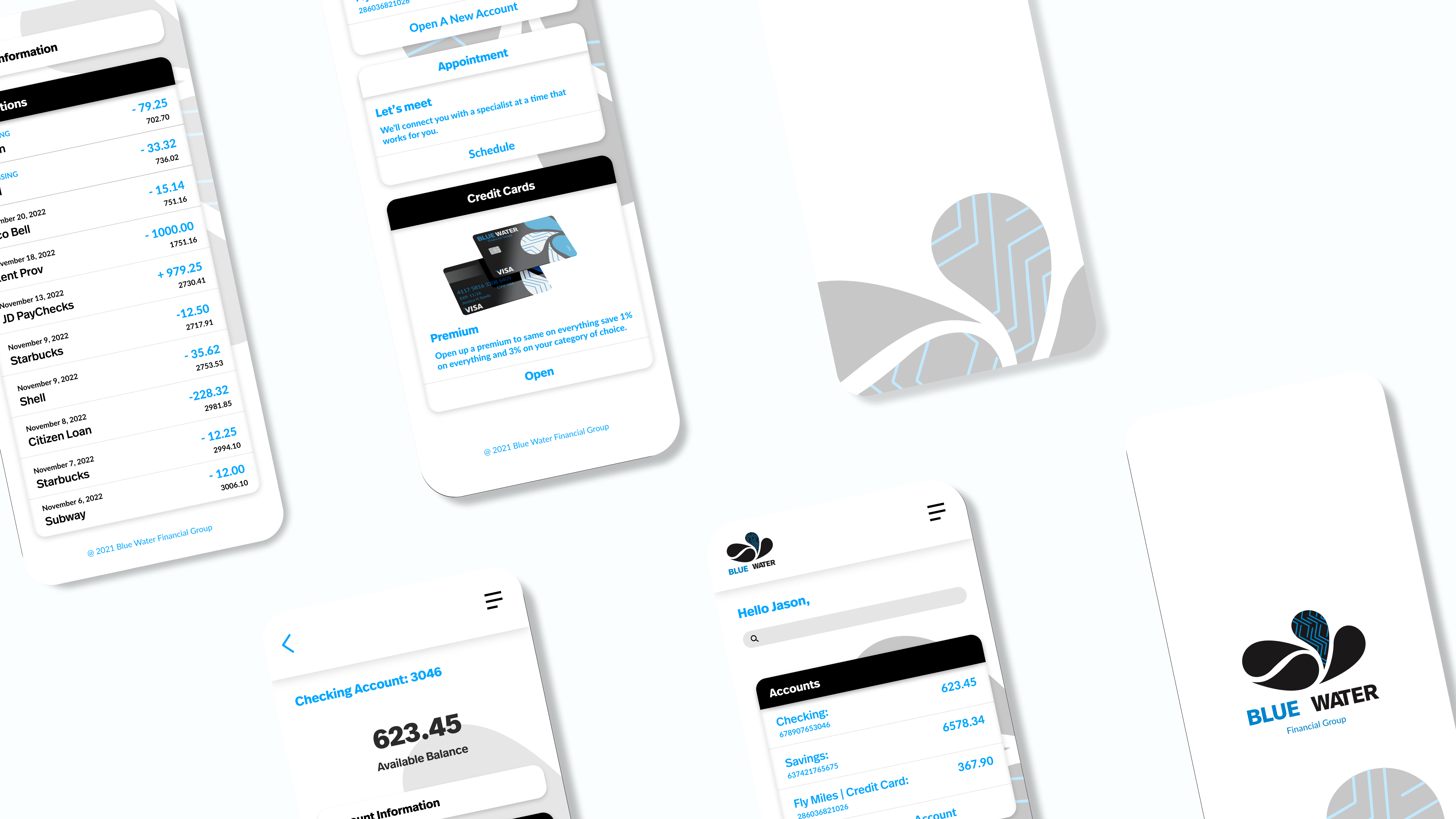 Blue water financial brand mobile screen mock ups