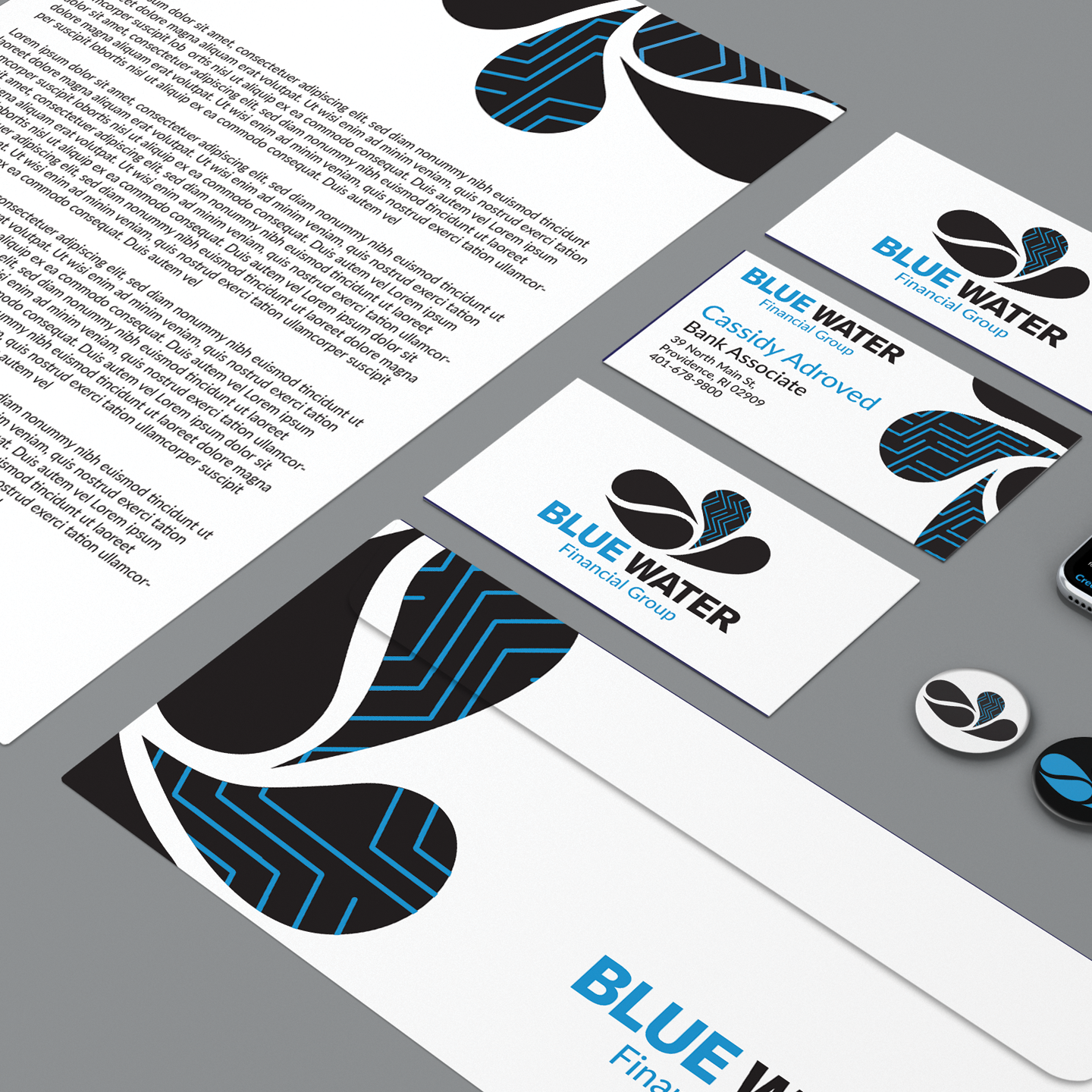Blue water financial brand stationary mock ups