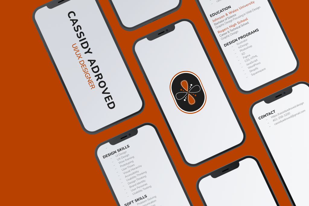 Cassidy Adroved design portfolio branding featuring logo and UI mobile mockups